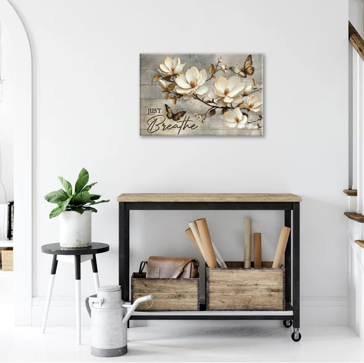Floral Magnolia Bathroom Pictures Wall Art, Just Breathe Bathroom Wall Decor, Flower Butterfly