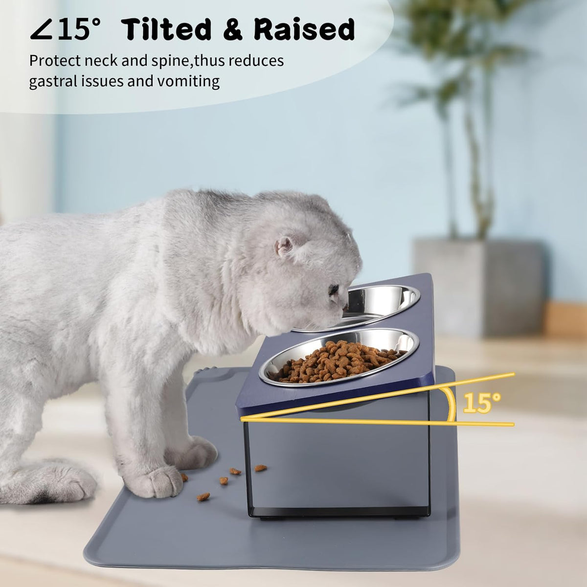 Upgraded Elevated Cat Bowls with Food Mat,15°Tilted Stand Anti Vomiting Raised Cat Dishes for Food