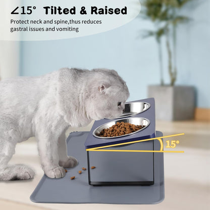 Upgraded Elevated Cat Bowls with Food Mat,15°Tilted Stand Anti Vomiting Raised Cat Dishes for Food