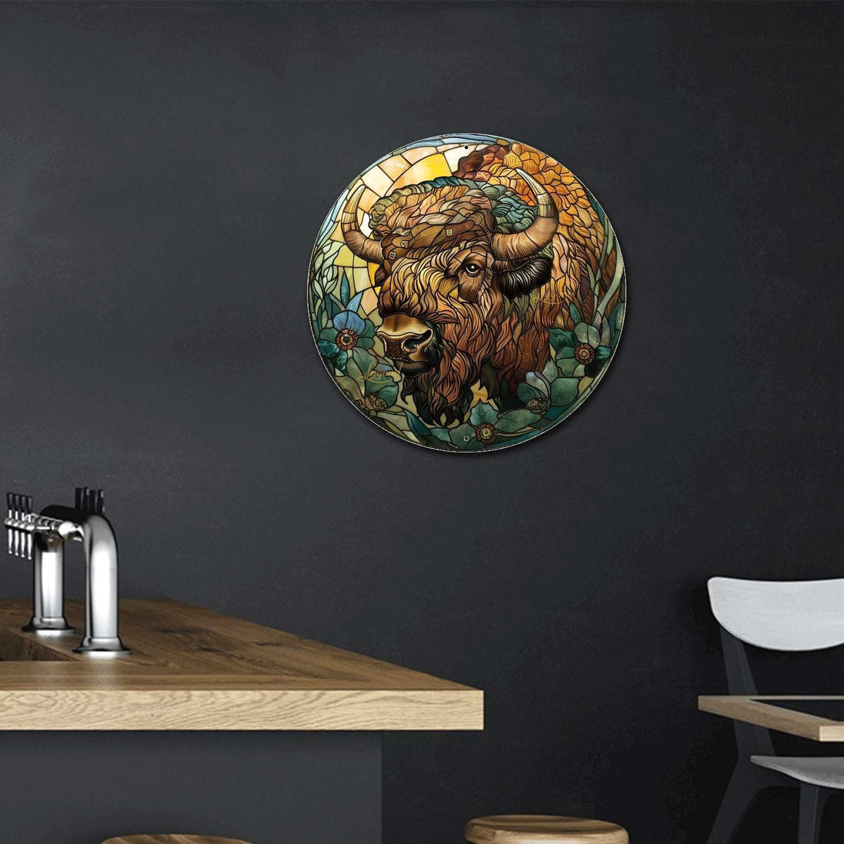 Lygond Metal Sign Tin Sign Circular Stained Glass American Bison Greenhouse Decor for Restaurant