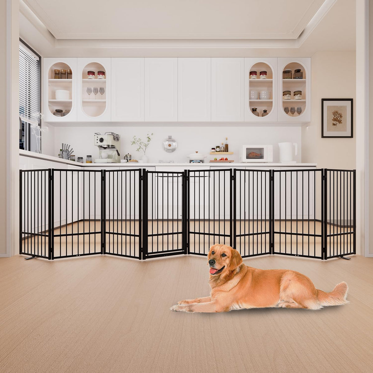 Full Metal Freestanding Dog Gate with Door, 36''Height Foldable Pet Dog Fence for Indoor & Outdoor