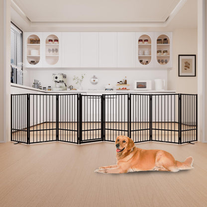 Full Metal Freestanding Dog Gate with Door, 36''Height Foldable Pet Dog Fence for Indoor & Outdoor