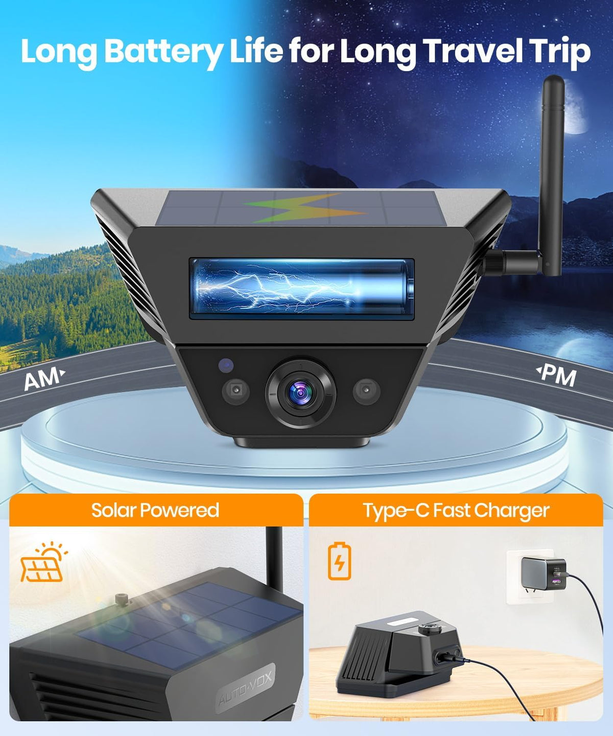 AUTO VOX Wireless Backup Camera Solar Magnetic: with 7.2" DVR 1080P 2 Split Recording Monitor, Dual