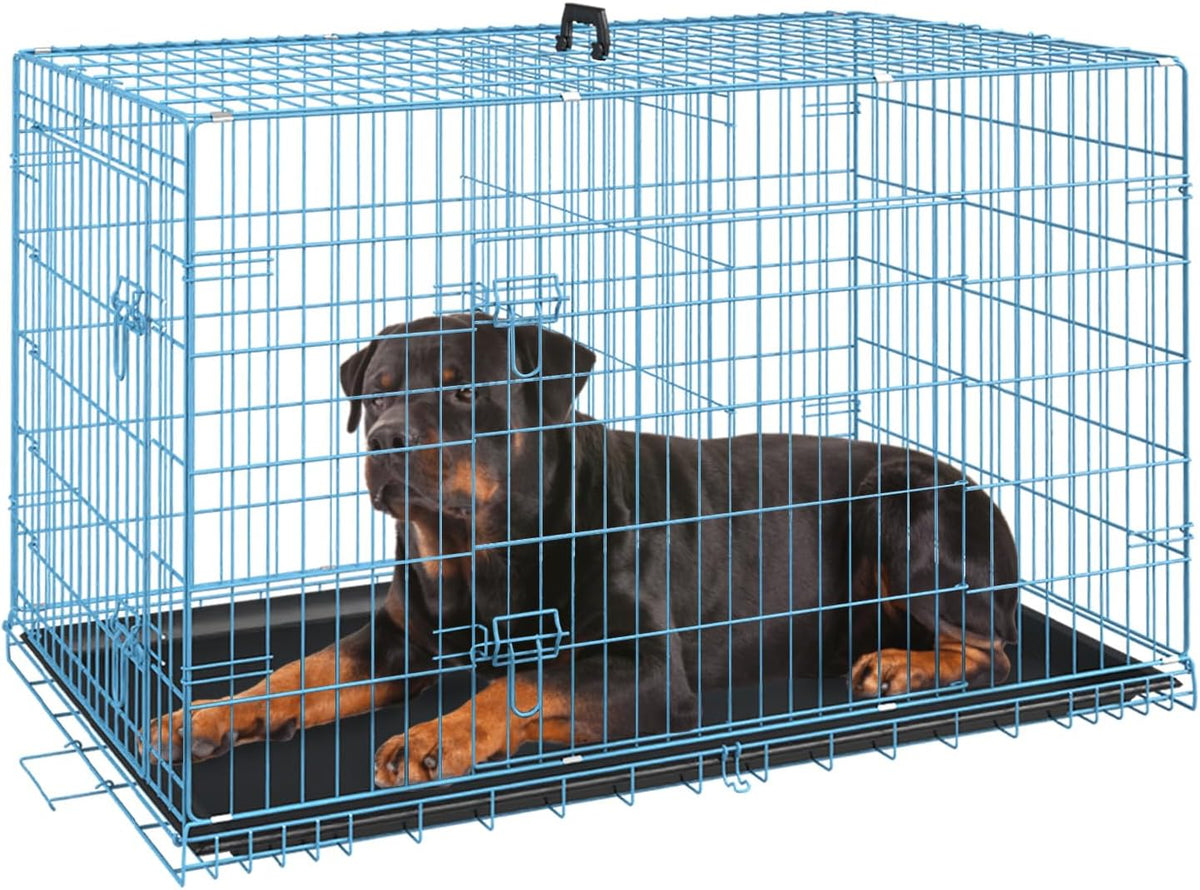 FDW Dog Crate for Large Dogs 42 Inch Folding Metal WirePet Cage Double Door W/Divider Panel Indoor