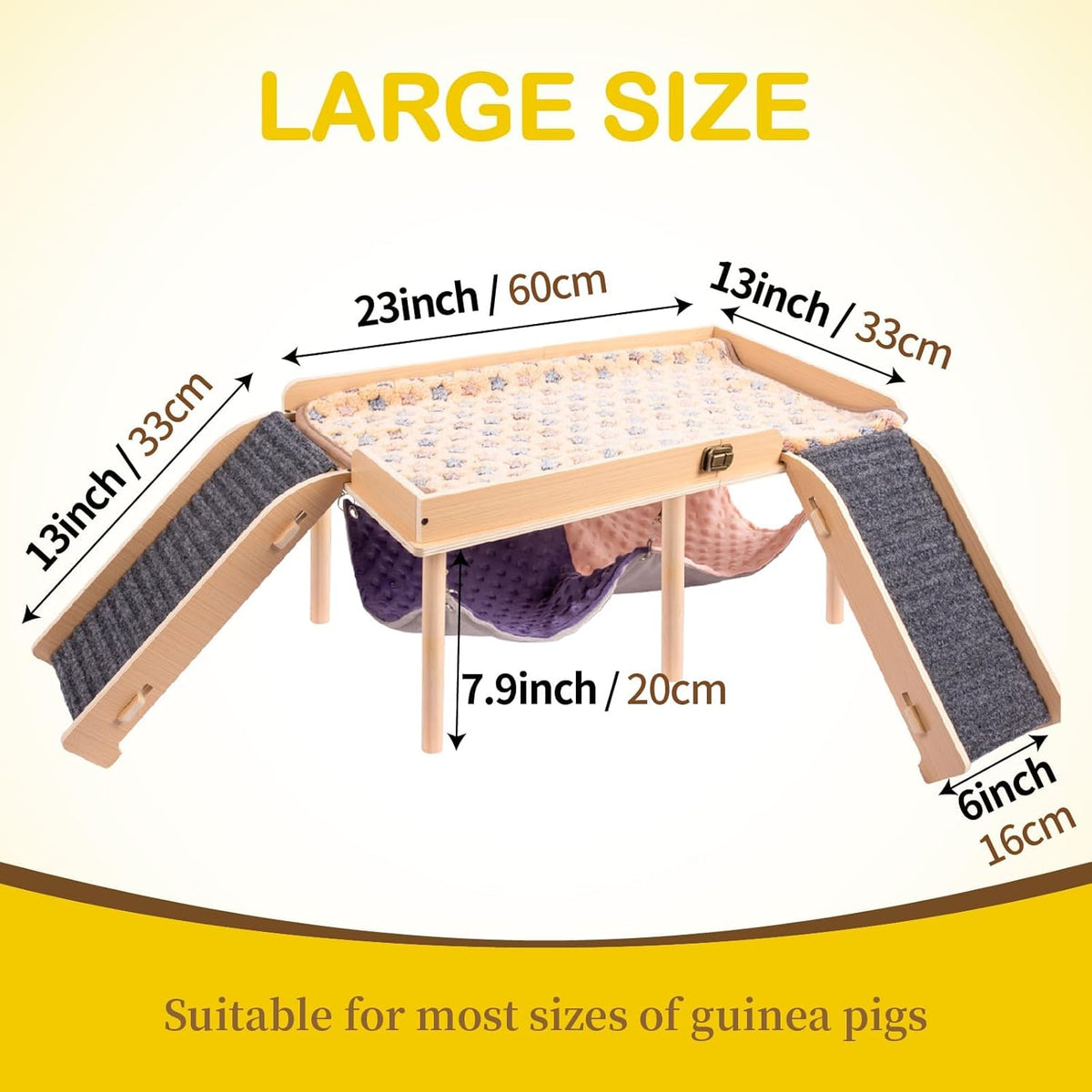 Enlarged Guinea Pig Hammock with Platform and Stairs,Wooden Foldable Piggies Hideout for Guinea