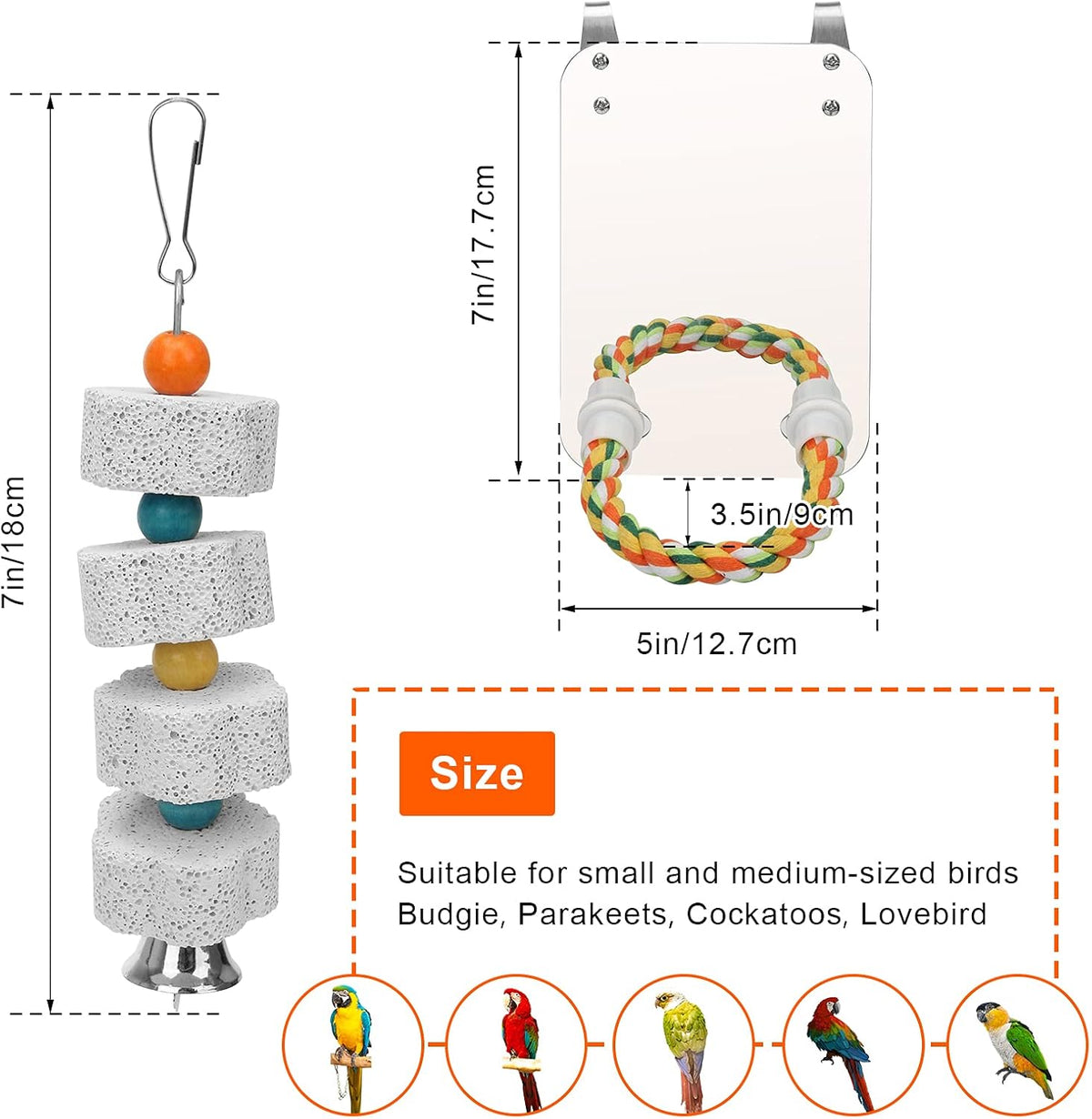 AHIER 7 Inch Bird Mirror with Rope Perch, Bird Toys Swing Parrot Grinding Stone with Bell for