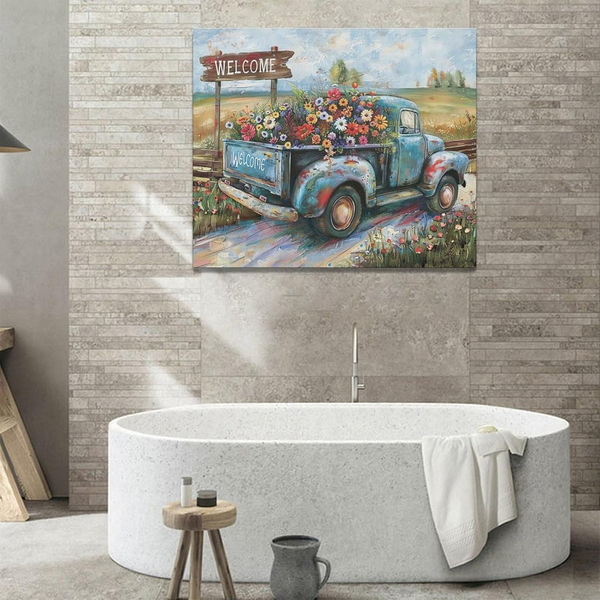 Farmhouse Truck Wall Art Rustic Country Wildflowers Wall Decor Road Flowers Landscape Pictures