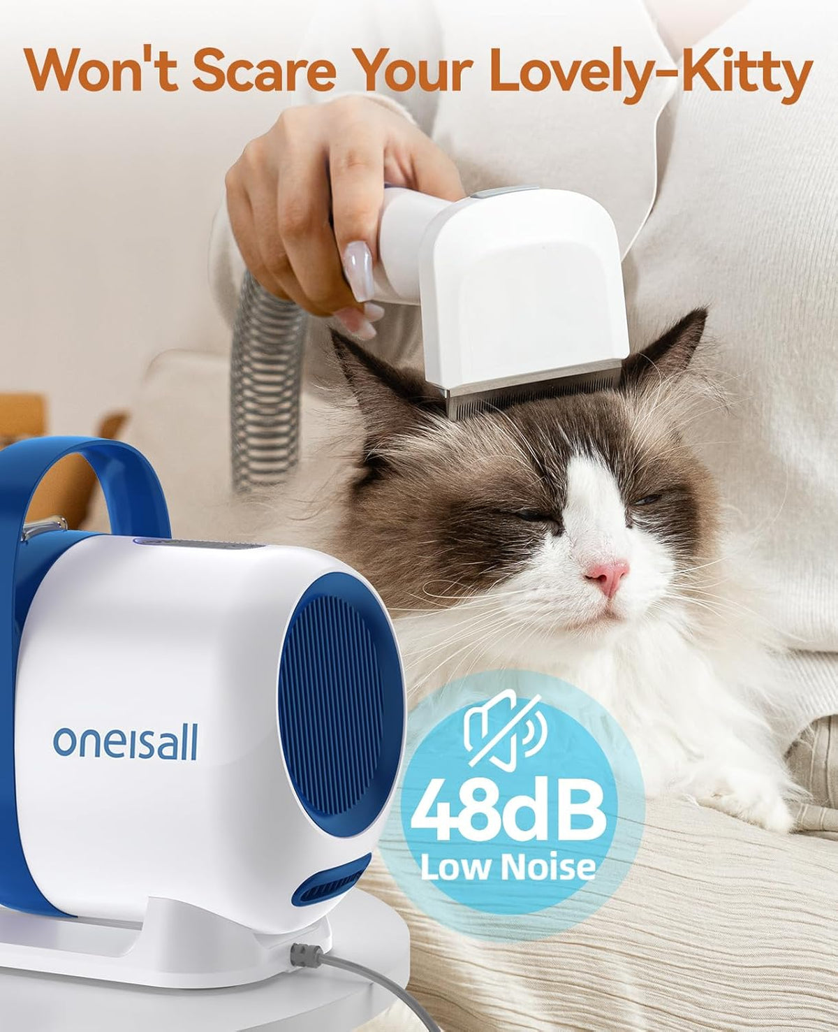 oneisall Cat Vacuum Groomer Quiet, Pet Vacuum Grooming Kit with Clipper Paw Trimmer & Brush, 1.5L