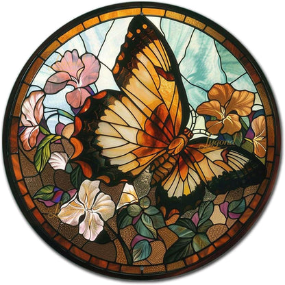 Lygond Metal Sign Tin Sign Circular Stained Glass Butterfly Inspirational Wall Art for Garage 12×12