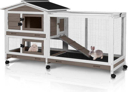 62" Rabbit Hutch with Chew-Proof Ramp & Waterproof Roof - Indoor/Outdoor Bunny Cage, 2-Story