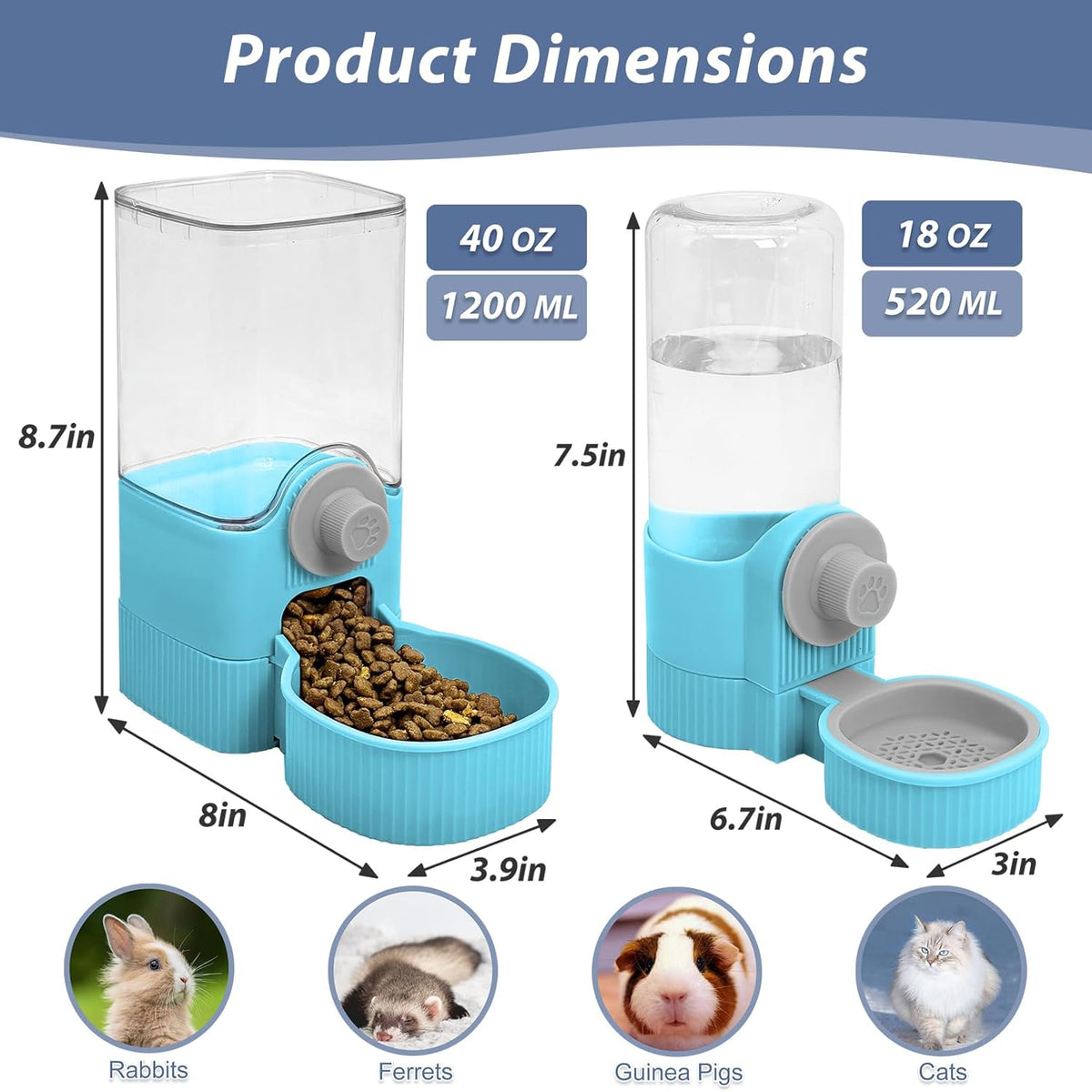 Fhiny Rabbit Food & Water Dispenser, Large Capacity Gravity Guinea Pig Feeder and Waterer Set for