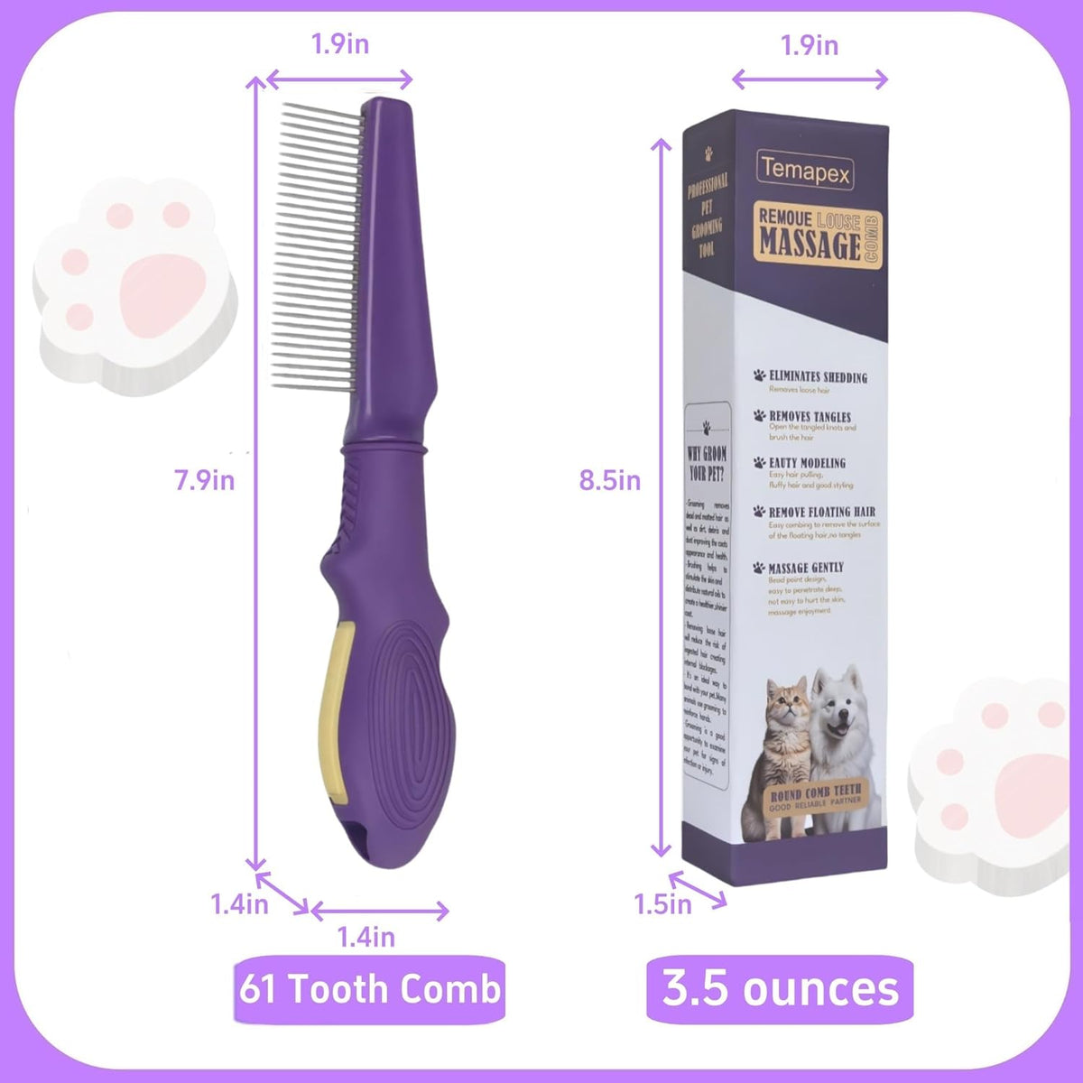 Pet Comb for Grooming Long Haired Cats & Dogs With Stainless Steel Metal Teeth for Shedding and
