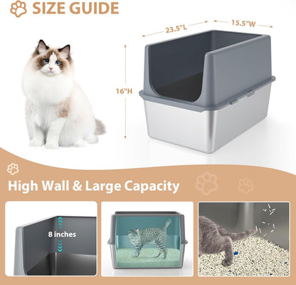 Large Stainless Steel Litter Box with Lid, High Sides, 16" Metal Cat Litter Box, Extra Large Litter