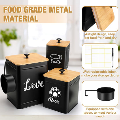 Metal Airtight Cat Food Containers Set of 3 with Bamboo Lids and Spoon 7+3+2 Lbs Cat Treat Storage