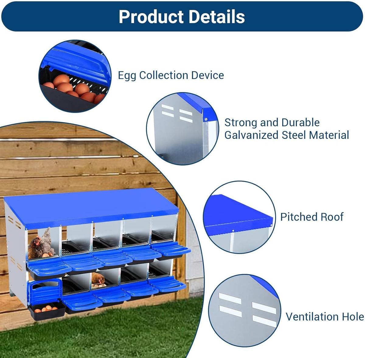 Chicken Nesting Boxes, 10 Hole Metal Chicken Laying Box with with Removable Trays and Roll Out Egg
