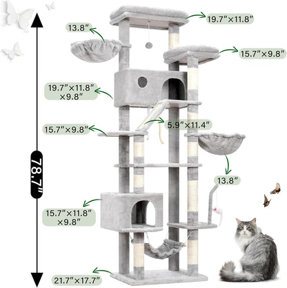 Cat Tree for Large Cats, 78.7"(200cm) Tall Cat Tower for Indoor Cats Multiple Cats with Large Top
