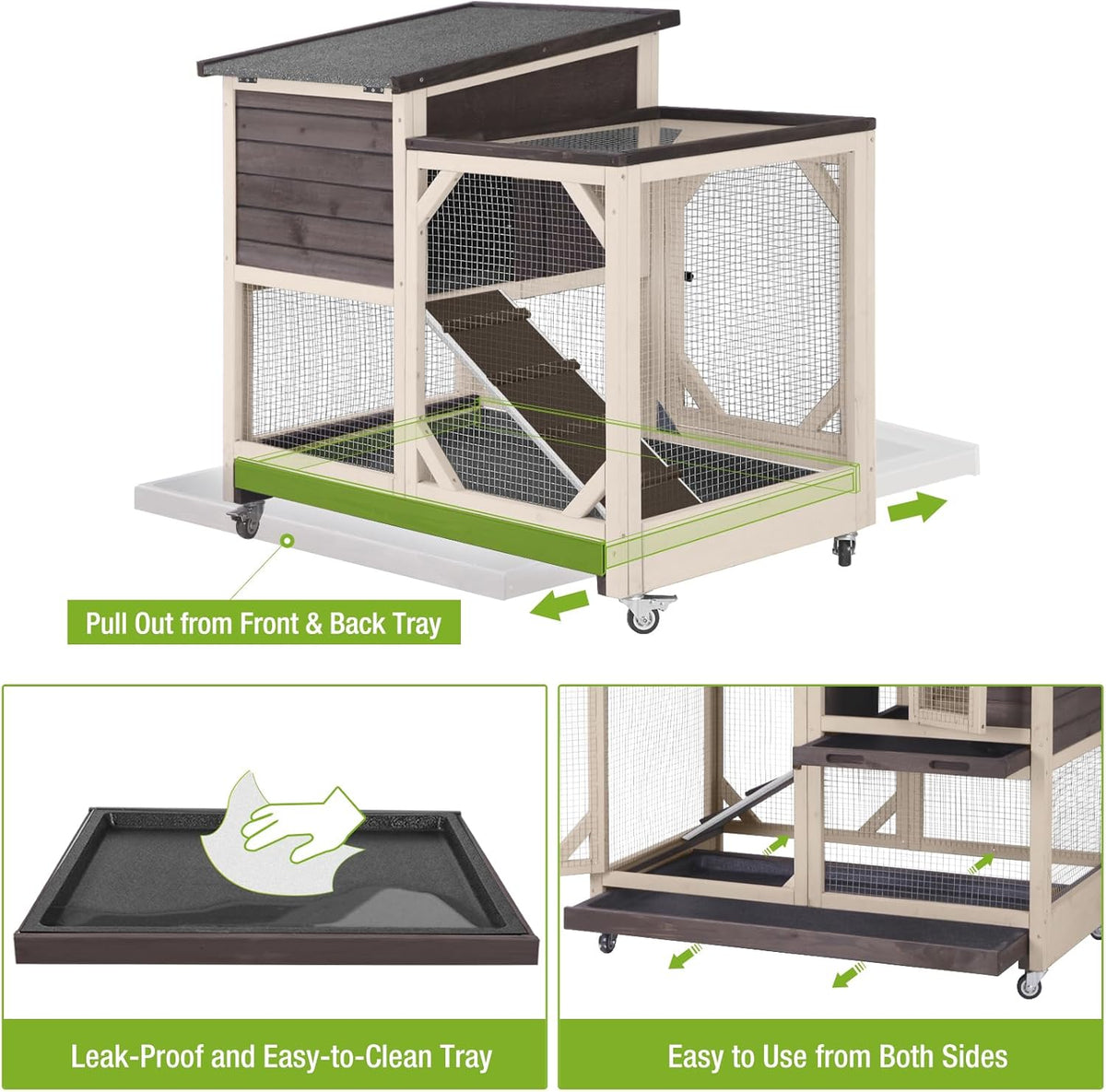 GUTINNEEN 2-Story Rabbit Hutch with Chew-Proof Ramp & Pull-Out Trays - Indoor/Outdoor 39.3" Wooden