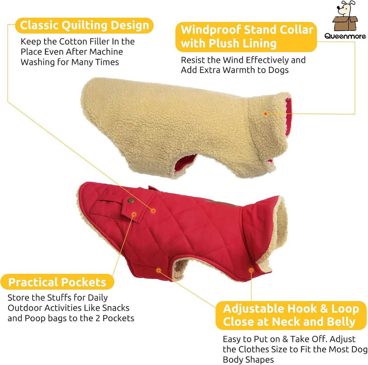 Queenmore Warm Dog Coat, Cold Weather Puffer Dog Jacket Ultra Thick Plush Lining with Storage
