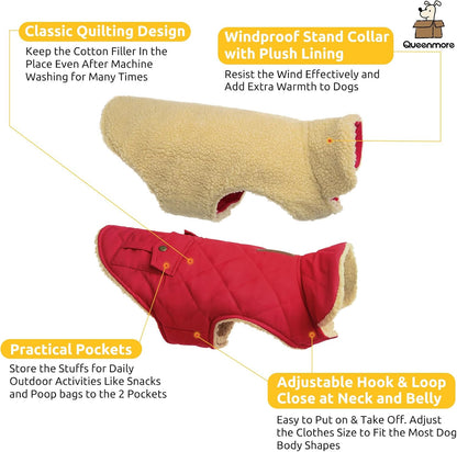Queenmore Warm Dog Coat, Cold Weather Puffer Dog Jacket Ultra Thick Plush Lining with Storage