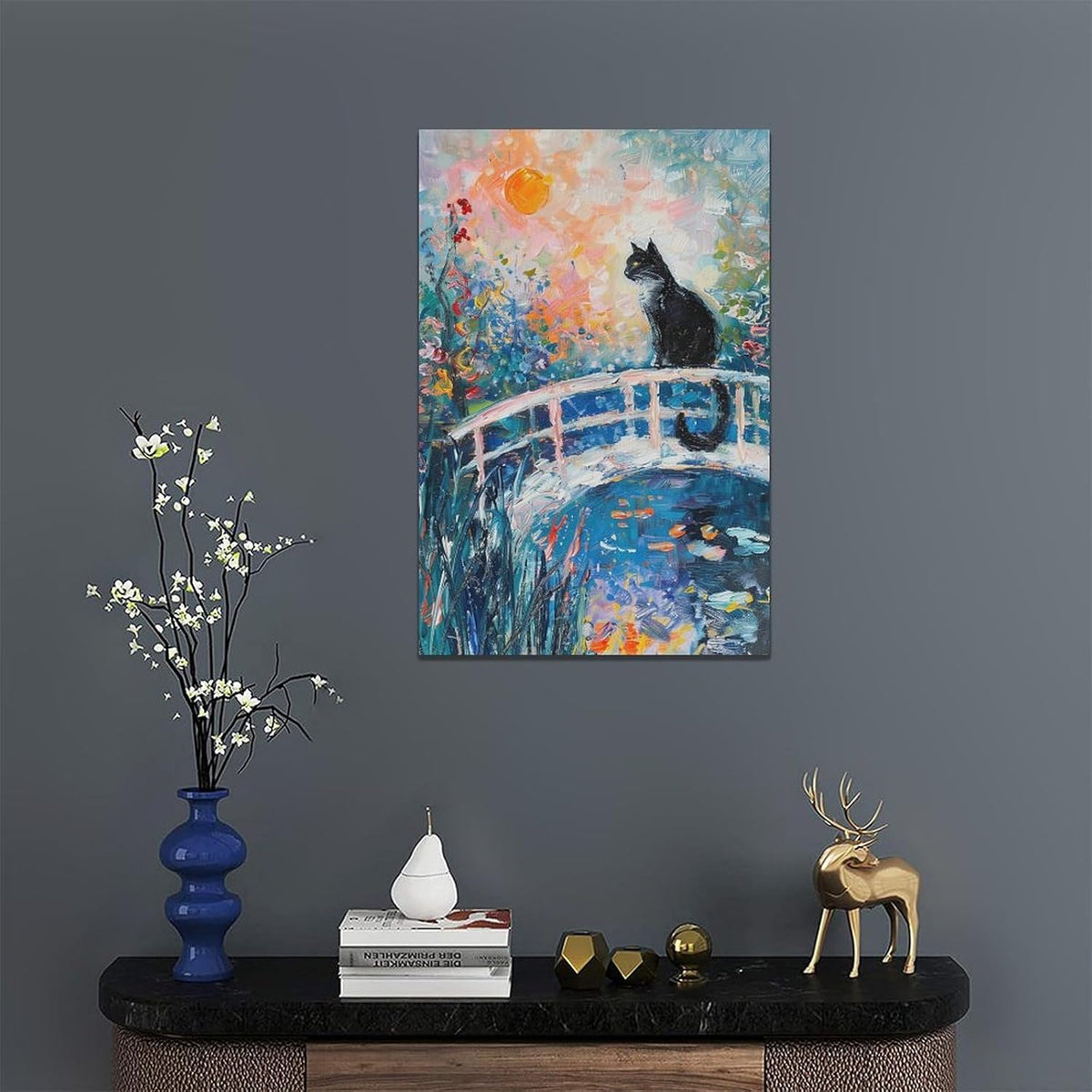 Quorin Black Cat Wall Art Water Lily Sunset Pictures Cat Wall Decor Impressionism Canvas Print