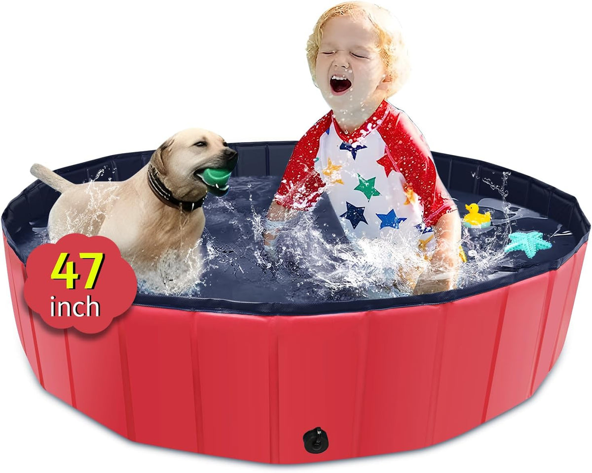 Foldable Dog Pool, 47" x 12" Kiddie Pool with Hard Plastic, Non-Slip Dog Bath Tub for Outdoor