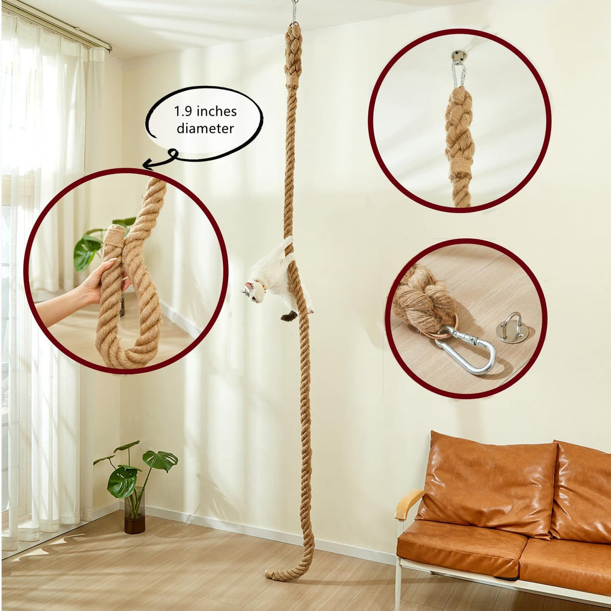SHENGOCASE 1.9" x 8.9Ft Cat Climbing Jute Rope for Ceiling with Hook, Wall Mounted Furniture for