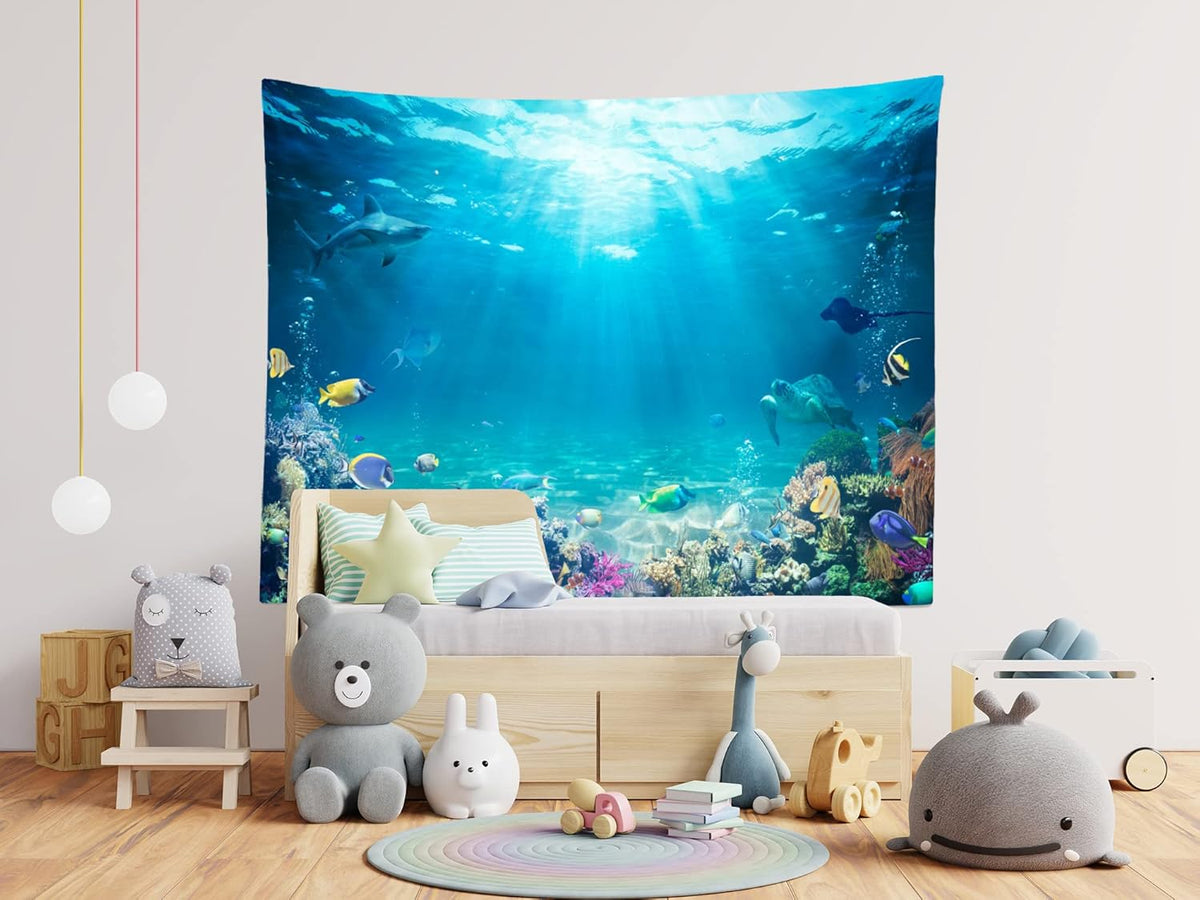 Loccor Underwater World Tapestry Blue Ocean Wall Hanging Under the Sea Coral Reef Wall Tapestry