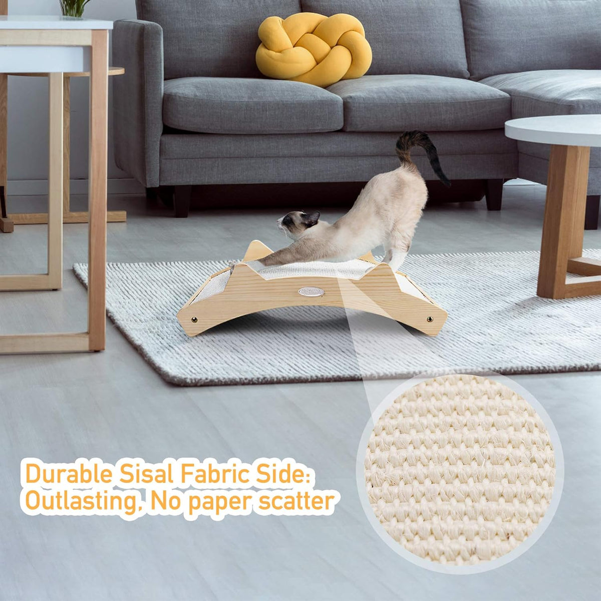 Double-Sided Cat Scratcher With Natural Sisal + Carpet Cloth, Durable Solid Wooden Structure