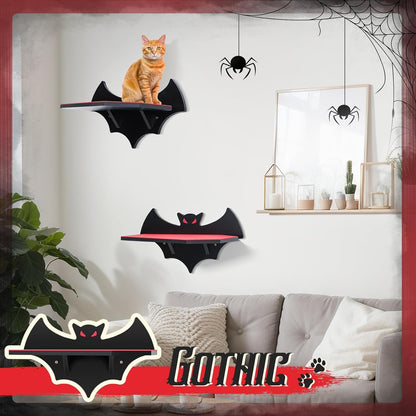 Cat Wall Mount Shelves for Indoor, Gothic Bat Floating Shelf with Coffin Bed Cat Wall Tree Can Load