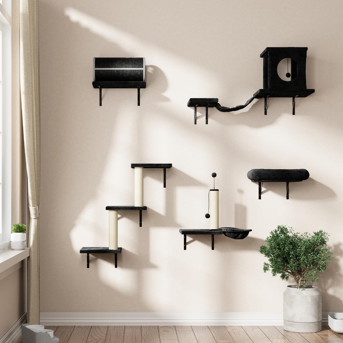 NUNU LAB Cat Wall Shelves Set, 7 Pcs Wall-Mounted Cat Climber with Cat House, Tunnel, Bridge