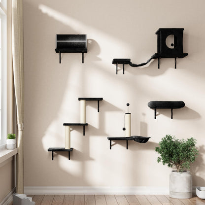 NUNU LAB Wall Mounted Cat Furniture, 7 Pcs Cat Wall Shelves with House, Tunnel, Bridge, Steps