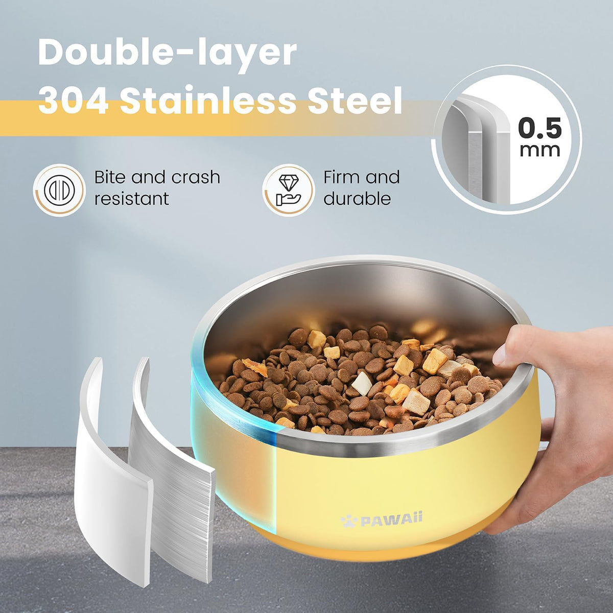 Pawaii Stainless Steel Dog Bowl with Non-Slip Rubber Base & Double Wall Insulation - Durable Design