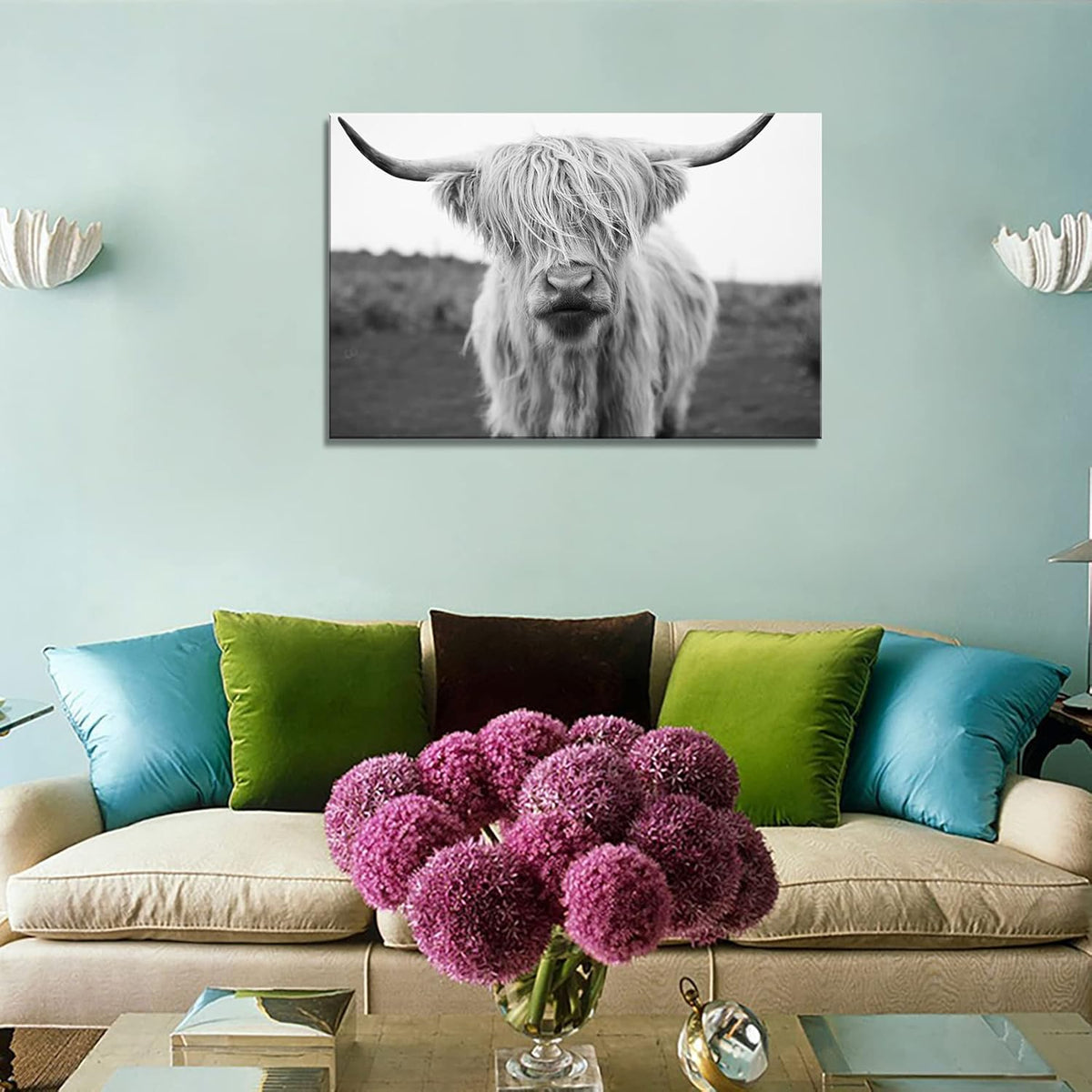 XXMWallArt FC3681 Highland Cow Canvas Art - Black and White Animal Wall Art for Living Room