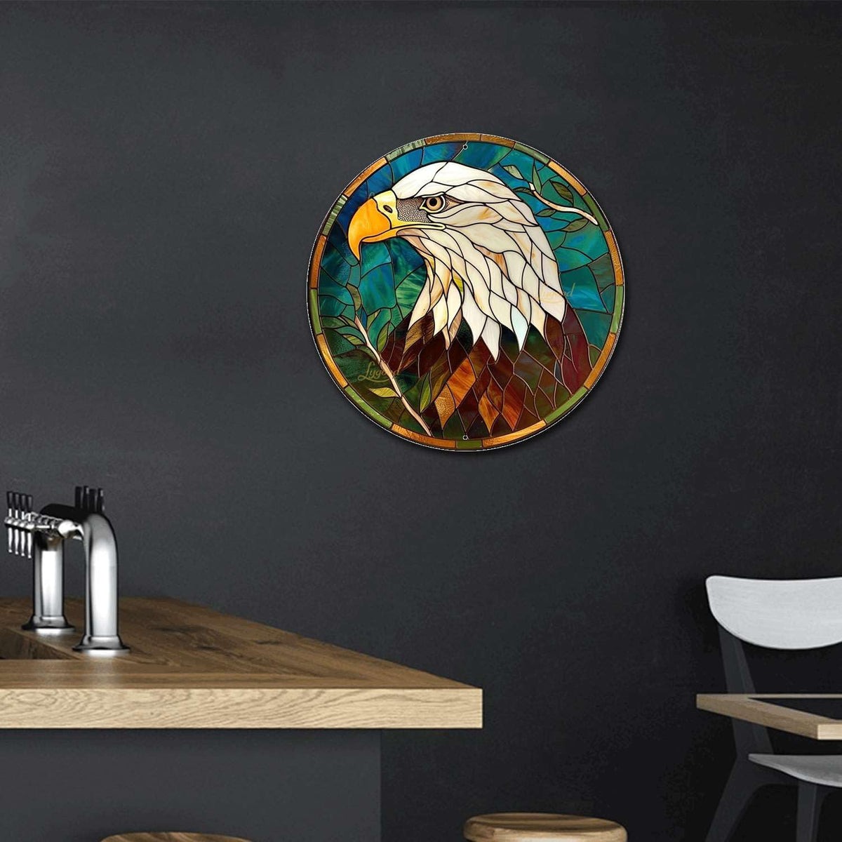 Lygond Metal Sign Tin Sign Circular Stained Glass Bald Eagle Boho Decorations for Home for Bar 8×8
