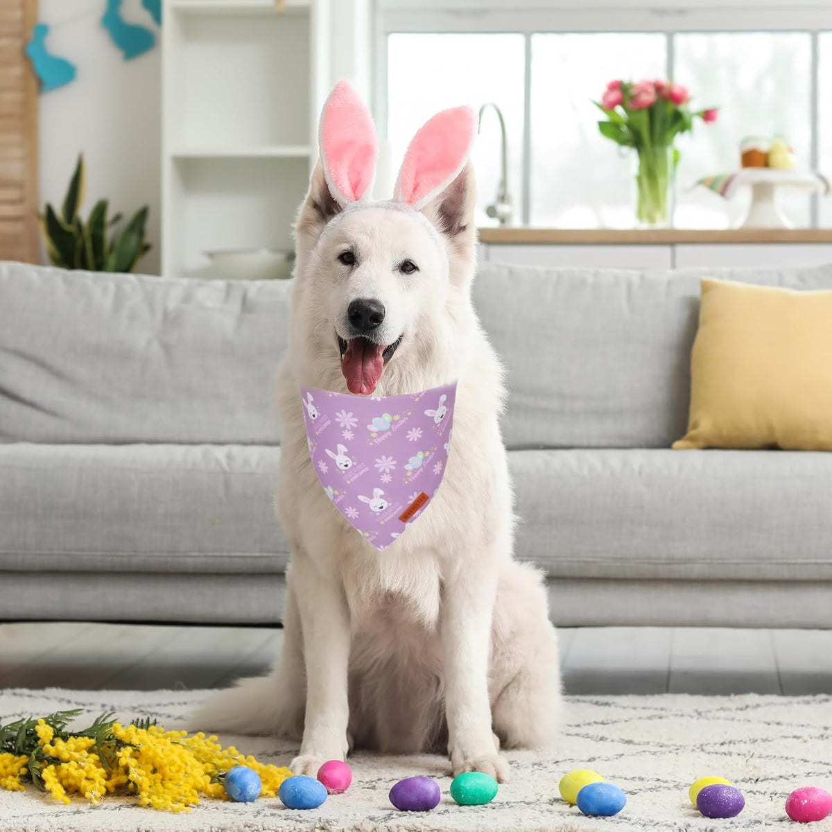ADOGGYGO Easter Dog Bandanas, Reversible Bunny Floral Pet Scarf, Multi Size Offered, Rabbit Easter