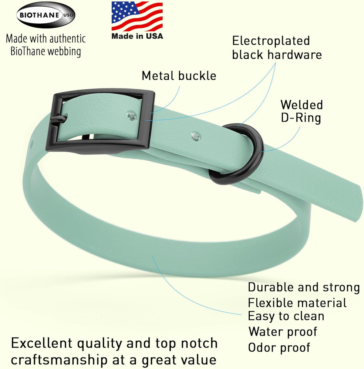 Dogline Biothane Waterproof Dog Collar Strong Coated Nylon Webbing with Black Hardware Odor- Proof