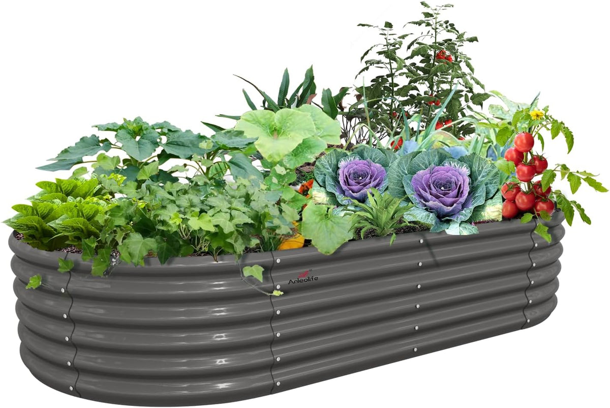 A ANLEOLIFE 8X4X1.5 ft Galvanized Raised Garden Beds Outdoor, Oval Large Metal Planter Box for