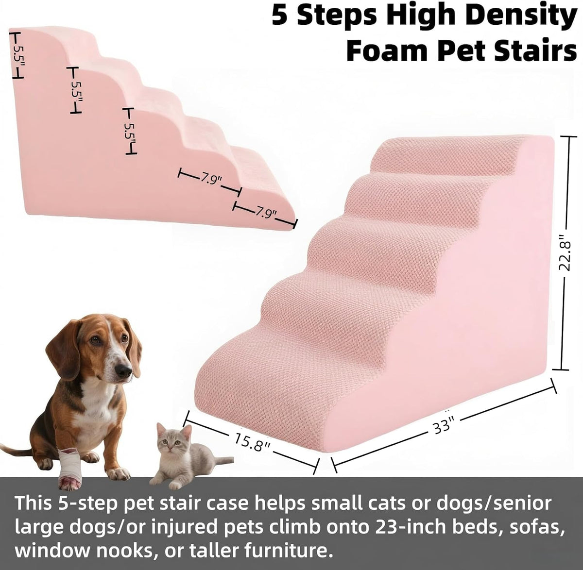 5 Step Pet Stairs Ramp for High Beds Sofas 5-30 Inch with Sturdy Non Slip Waterproof Pads, Machine