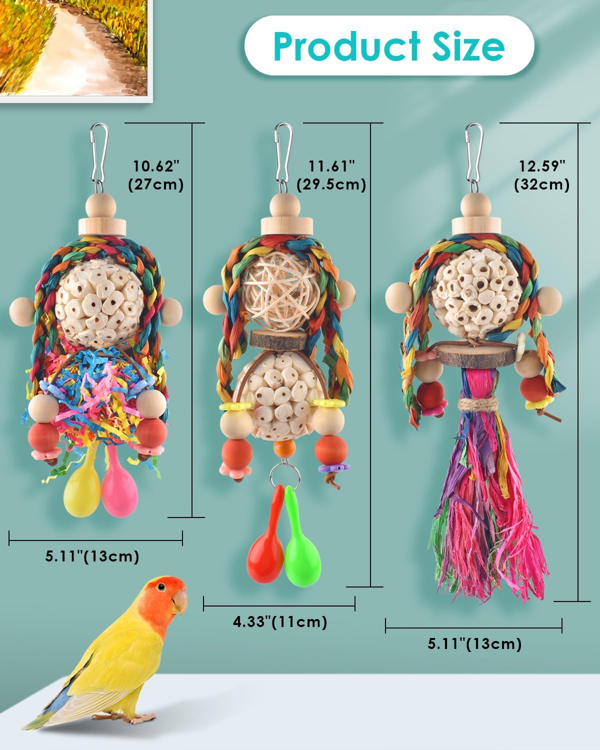 Bissap 3PCS Bird Parrot Foraging Shredder Hanging Toys Sola Balls with Sand Hammer for Small