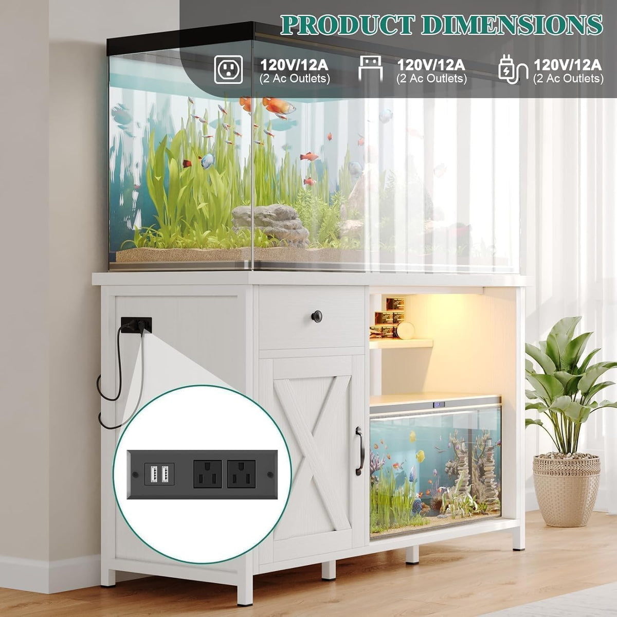 55 Gallon Fish Tank Stand with LED Light & Power Outlets, 55-75 Gallon Aquarium Stand with Drawer &