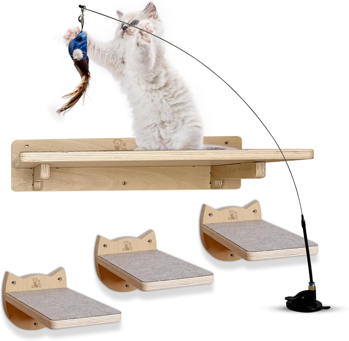 Snuggle & Play Cat Wall Shelves with Suction Cup Wand – 3 Mounted Steps, Climbing Wall Shelves and