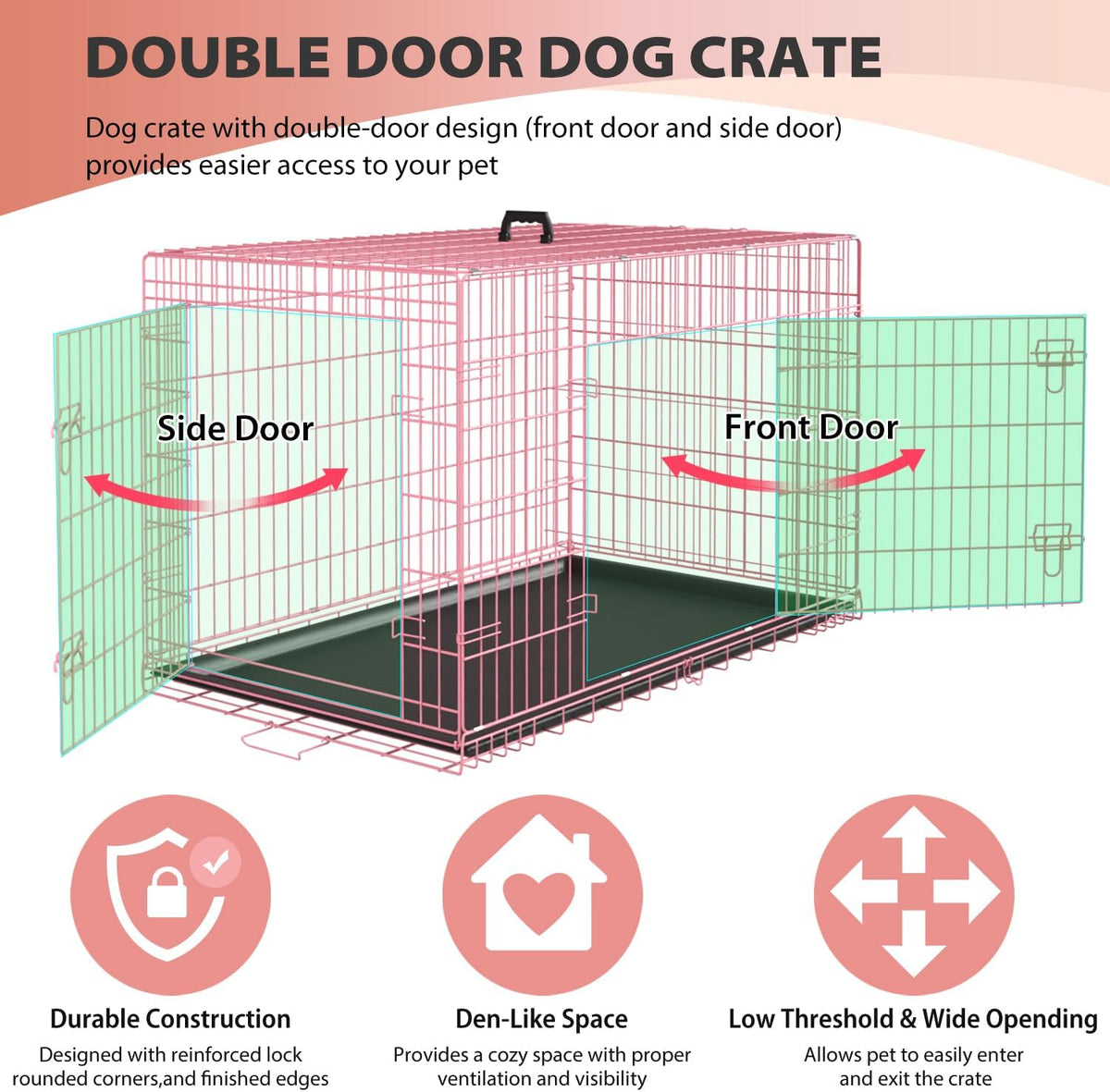 BestPet | Dog Crate | 24" | Pink | Foldable Metal Kennel with Double Doors, Secure Slide-Bolt