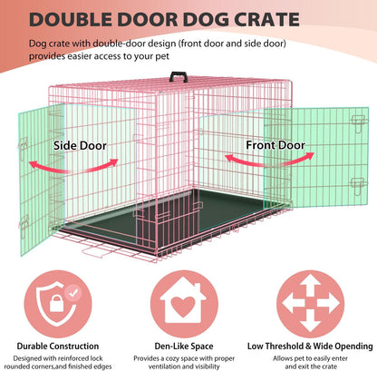 BestPet | Dog Crate | 24" | Pink | Foldable Metal Kennel with Double Doors, Secure Slide-Bolt