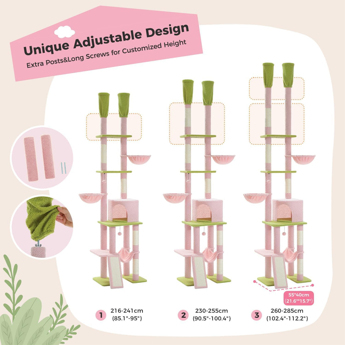 PAWZ Road Pink Cat Tree, Floor to Ceiling Cat Tower with Adjustable Height(85-112 Inches), 7 Tiers