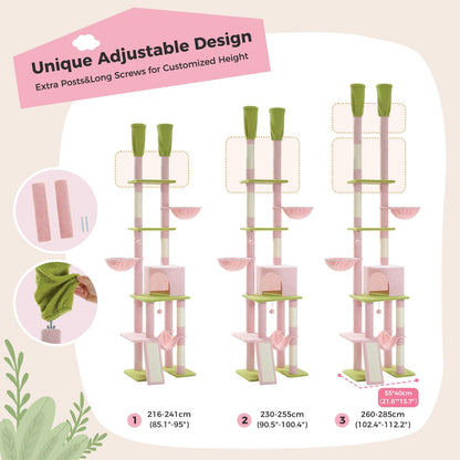 PAWZ Road Pink Cat Tree, Floor to Ceiling Cat Tower with Adjustable Height(85-112 Inches), 7 Tiers