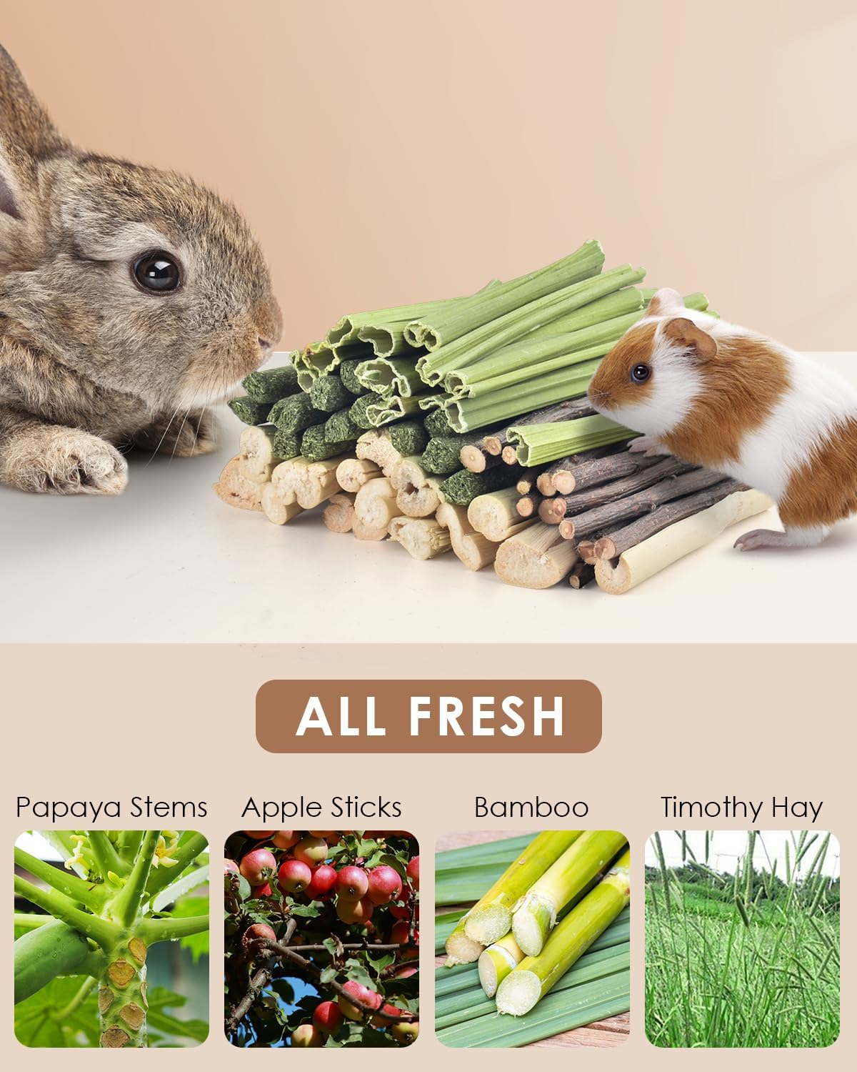 Bissap 60 PCS Rabbit Chew Sticks, Sweet Bamboo Timothy Hay Chew Stick Papaya Stems Apple Branch