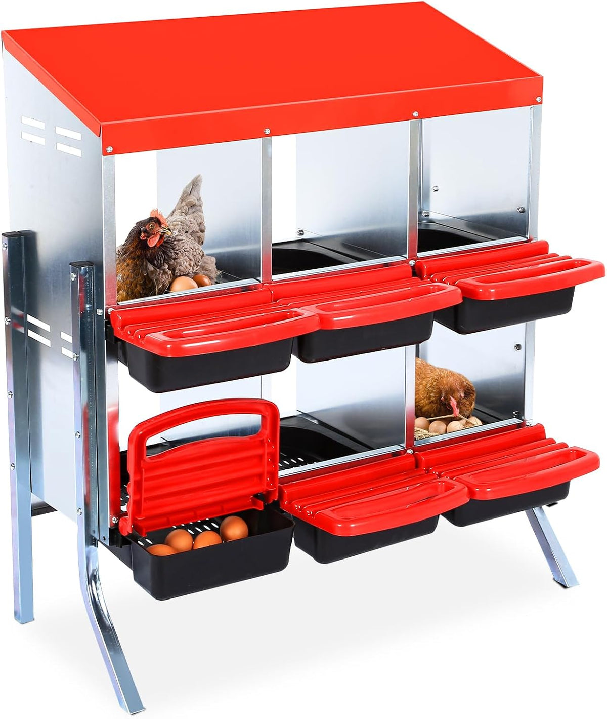 Chicken Nesting Box, 6 Hole 2 Layer Hen Nest Boxes with Legs, Roll Away Eggs Laying Boxes,Cleanable