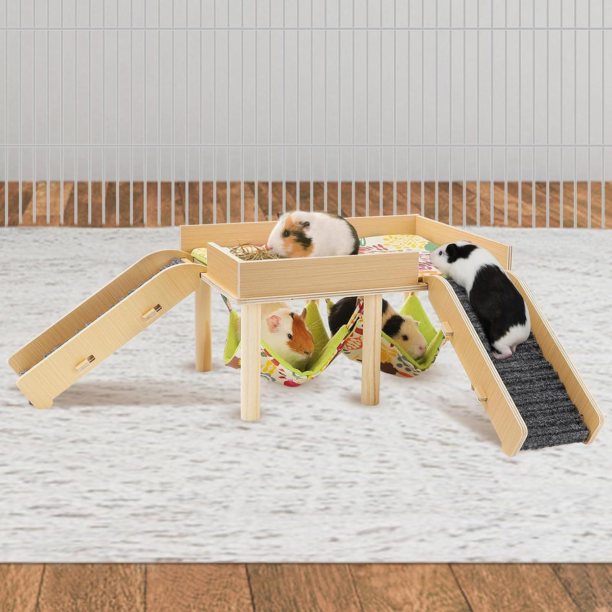 MEWTOGO Guinea Pigs Hammock with Platform, Wooden Guinea Pig Hideout with Stairs, Safe and Durable