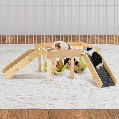 MEWTOGO Guinea Pigs Hammock with Platform, Wooden Guinea Pig Hideout with Stairs, Safe and Durable
