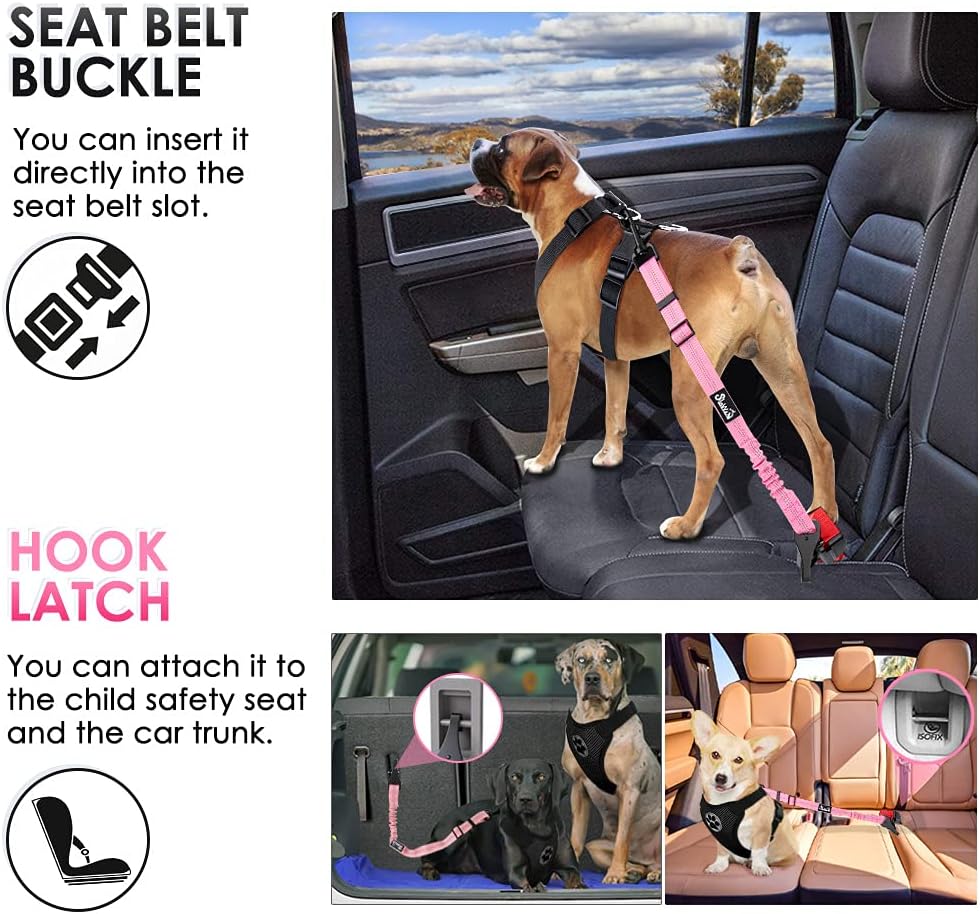 SlowTon Dog Seat Belt, Adjustable Dog Safety Belt Leash, 2 in 1 Latch Bar Attachment Dog Car